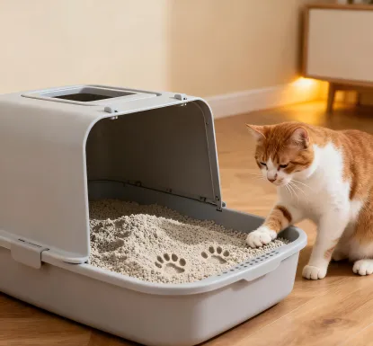 Orange cat and mineral cat litter