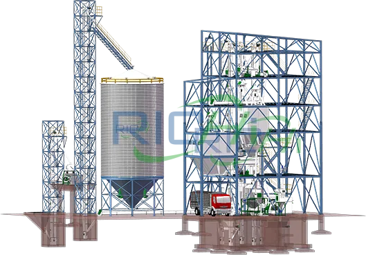 animal feed processing line with a big silo