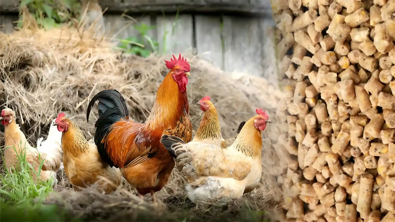 chickens on the left and feed pellets on the right