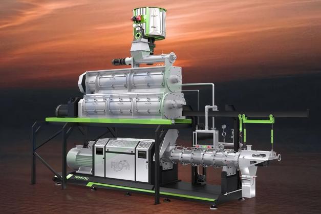 fish feed extruder with red background