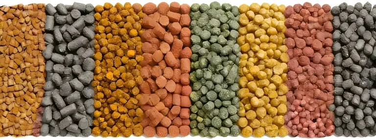 fish feed pellets of different colors and sizes